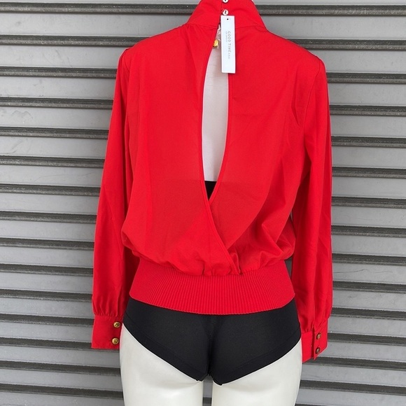 Good Time USA Long Sleeve Red Open Back Puff Sleeve Mock Turtleneck Top Size L - Picture 1 of 10